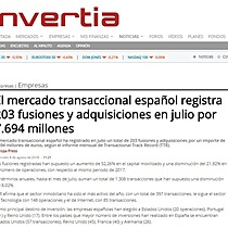 El mercado transaccional espaol registra 203 fusiones y adquisiciones en julio por 7.694 millones